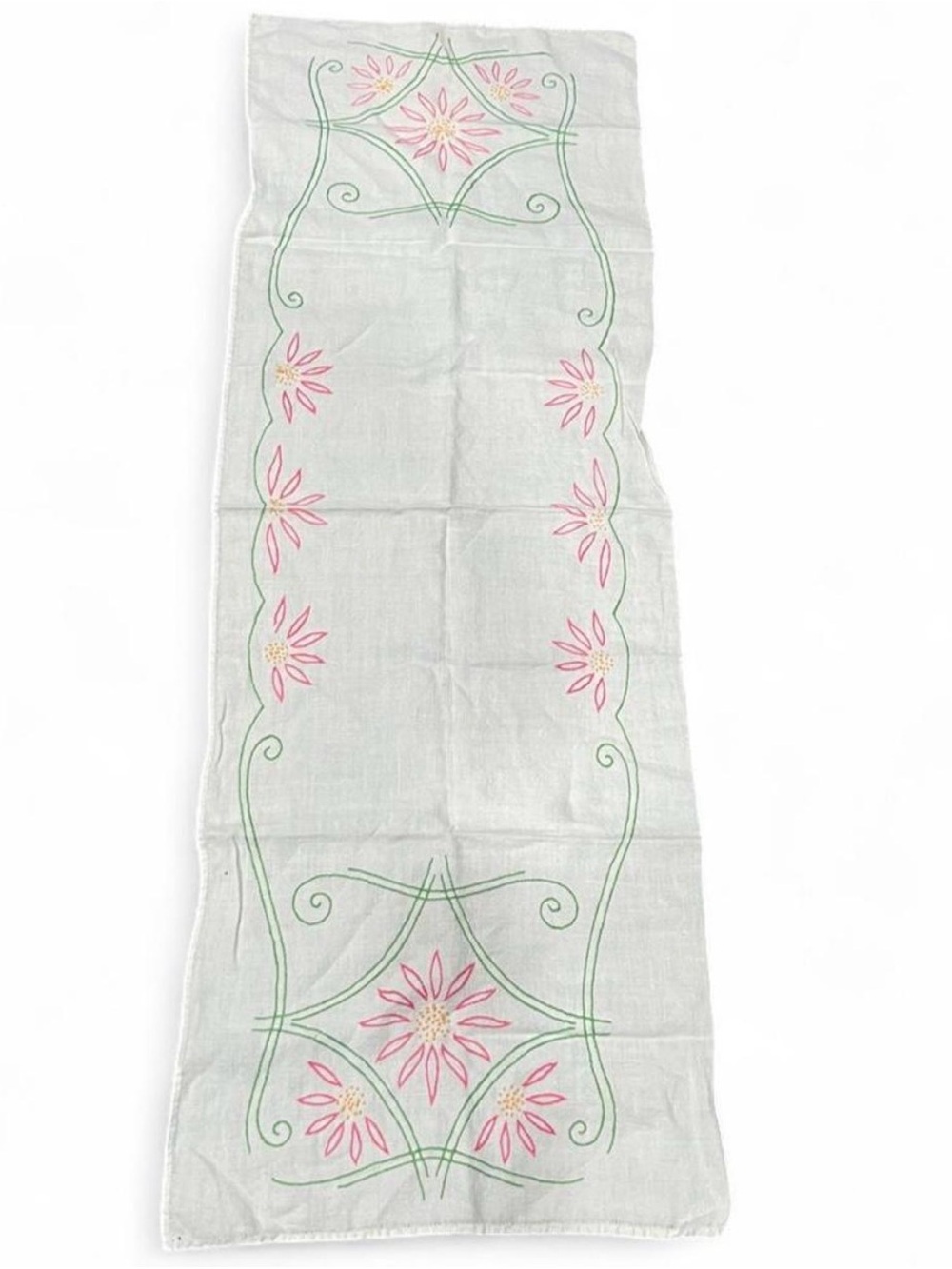 Vintage 50’s Embroidered Floral Linen Runner in White and Pink